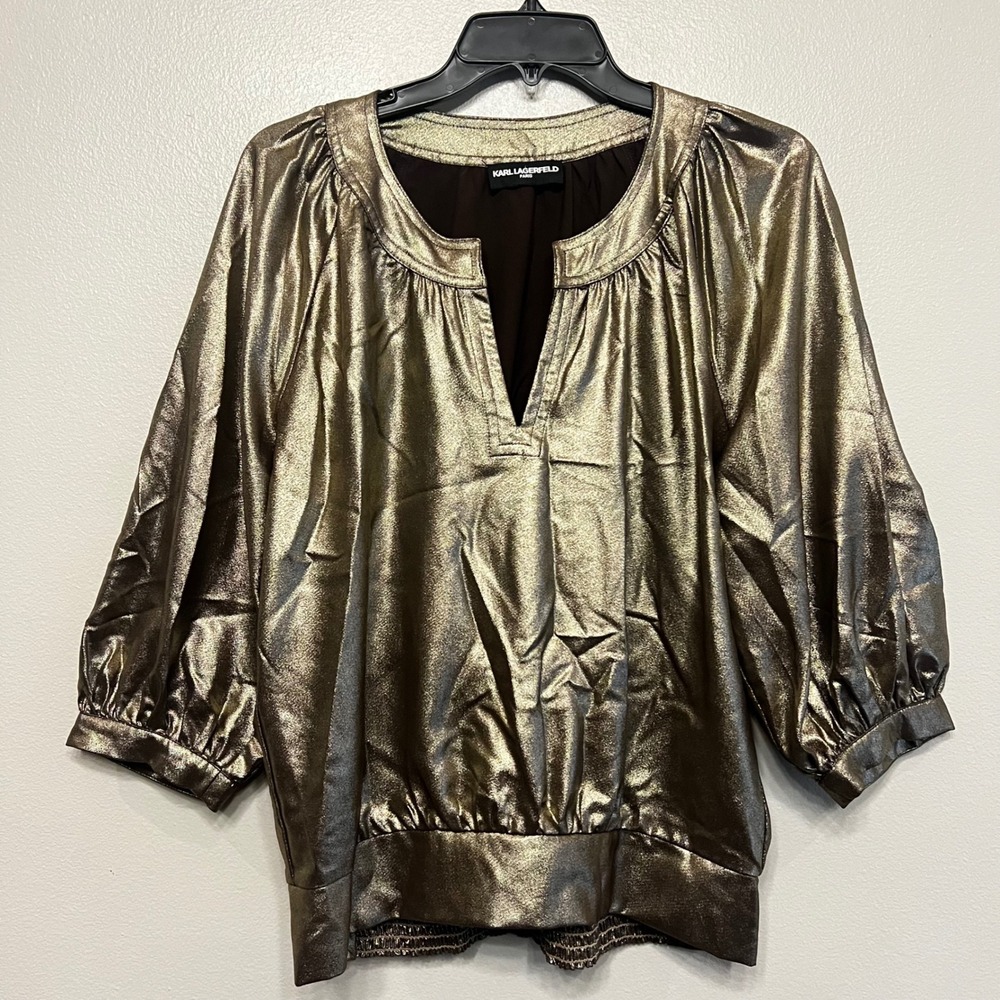 Karl Lagerfeld Paris Gold Metallic Blouse Smocked Hem Split Neck Hollywood Sz L